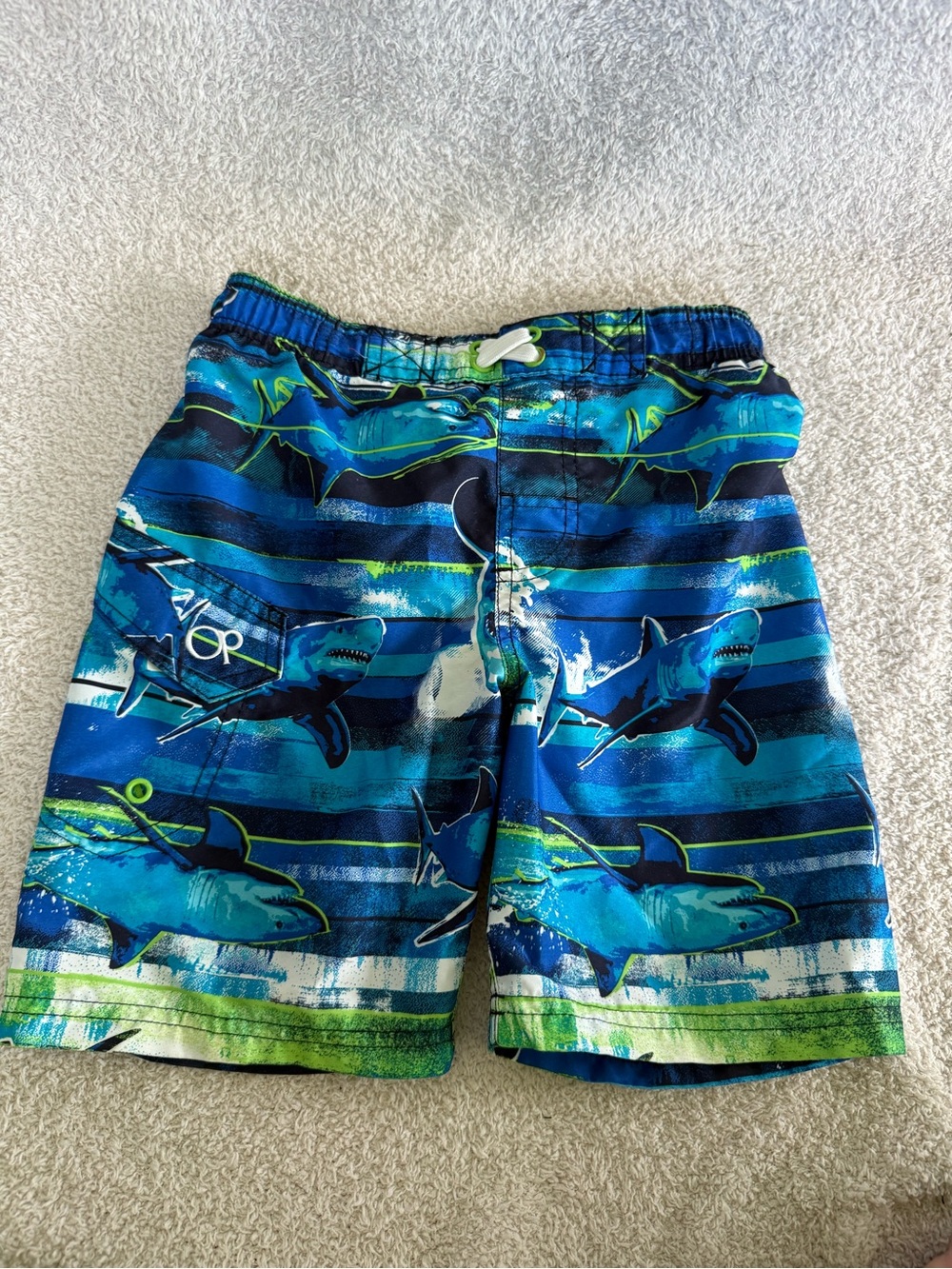 OP Ocean Pacific Boys Shark Swim Trunks XS 4-5 Blue Green Board Shorts